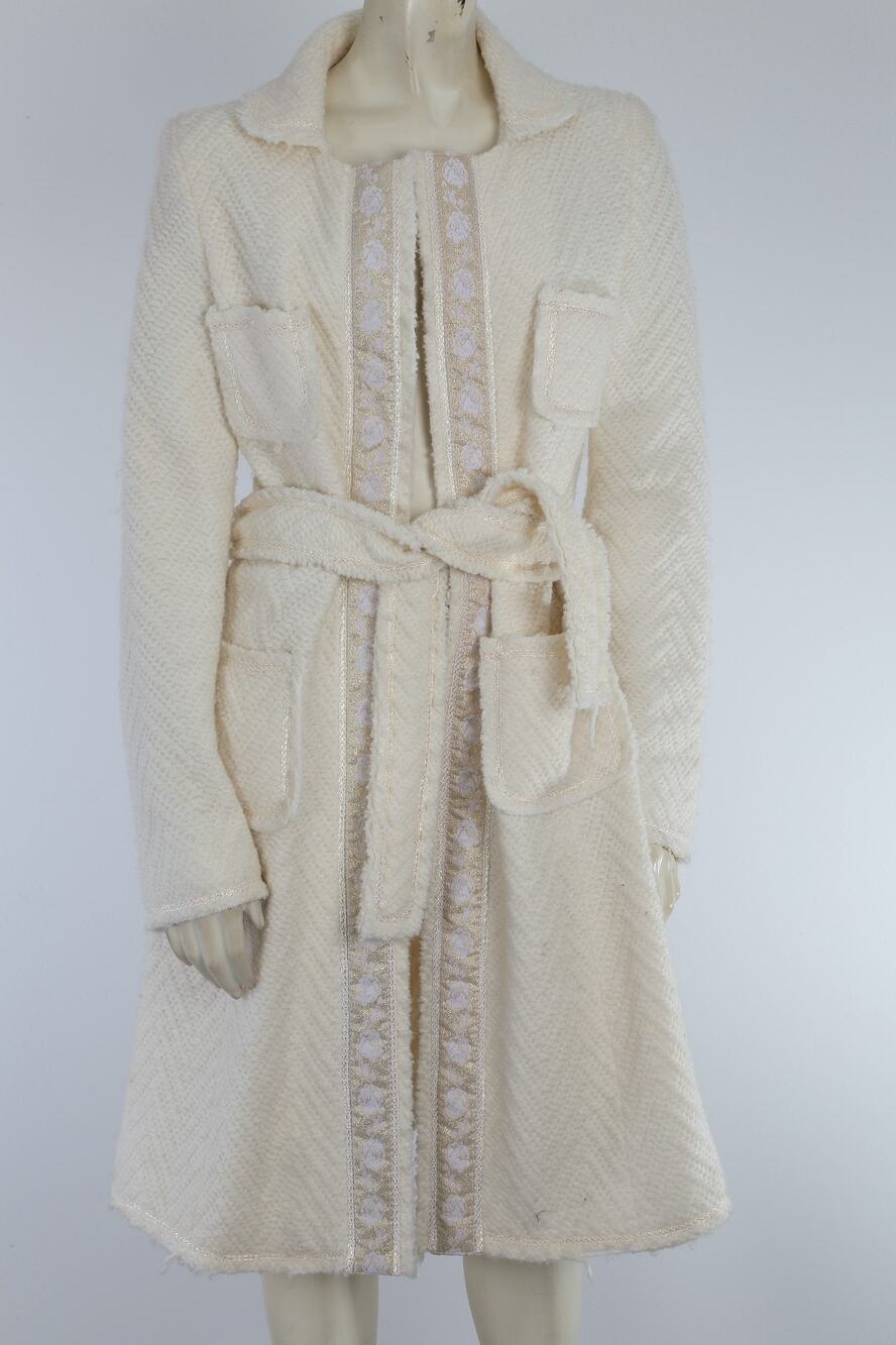 WALTER Cream Ivory Textured Belted Duster Coat Metallic Trim Size 6